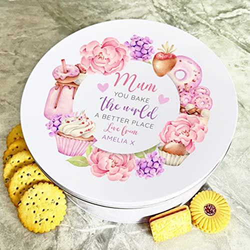 Fingerprint Designs Personalised Round Mum Bake The World A Better Place Pink Treat Wreath Cake Tin