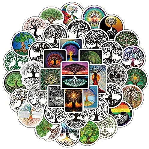 Lot de 50 autocollants Arbre de vie tendance - Pour bouteille d'eau - Pour ordinateur portable - Scrapbook skateboard moto voiture vélo bagage - En vinyle imperméable - Pour adulte