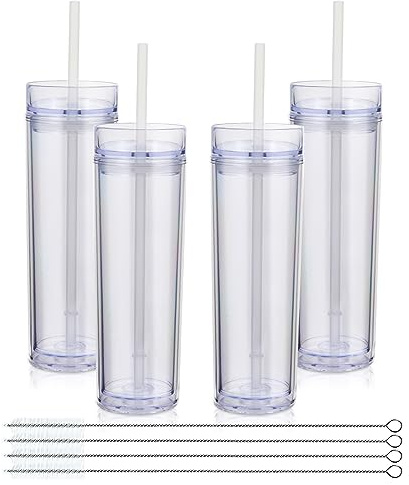 Volhoply Vasos delgados de plástico de 16oz / 470 ml con tapa y popote a granel, doble pared, taza de café helado reutilizable, sin BPA, tazas de agua de acrílico mate (transparente, 4 unidades)
