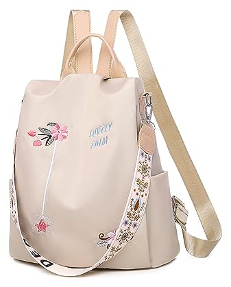 Balakaka Zaino Donna Antifurto 12 L, 2 in1 Impermeabile Zainetto Multifunzionale con Disegno Ricamo Fiori, Borsa Casual ed Moda per Viaggio Lavoro Shopping Scuola, kaki chiaro