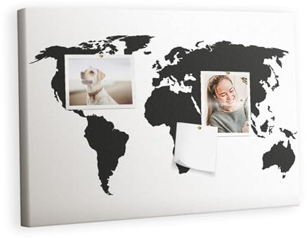 Tulup Korkbrett 60x40 cm Leinwand Pinnwand Küche Korkwand mit Aufdruck Notiztafel - Schwarze Karte der Welt
