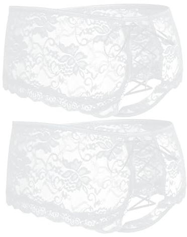 ohyeahlady Womens Lace French Knickers Soft Stretchy Bikini Briefs Back Cross Thongs Hipster Pantie Plus Size Cheeky Underwear Multipack 2Pack White