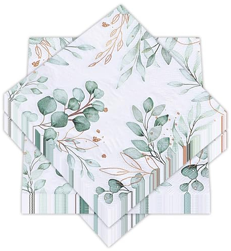 Zasjon Servilletas de Papel 60 Piezas Servilletas de Eucalipto Verde Papel Decoradas Desechables para Bodas, Cumpleaños, Fiesta, Comuniones, 33 x 33cm