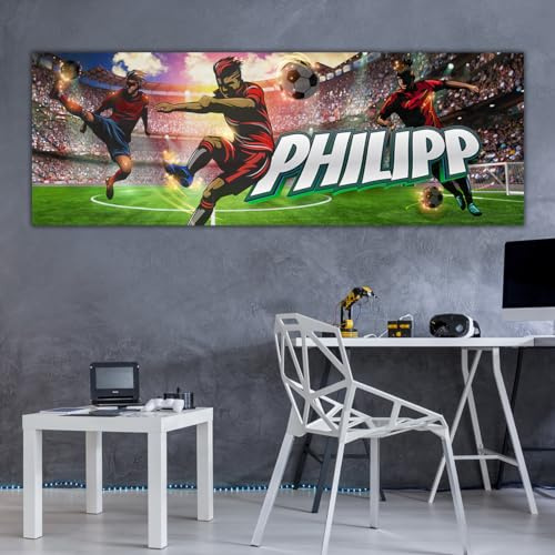 tjapalo® vz96 Kinderbilder Fussball Bild Fußballer Wandbild Fußball Poster mit Namen personalisiert Kinderzimmer Bilder jungs Fußballstadion bilder kinderzimmer jungen Name, Größen Name: B120xH42cm