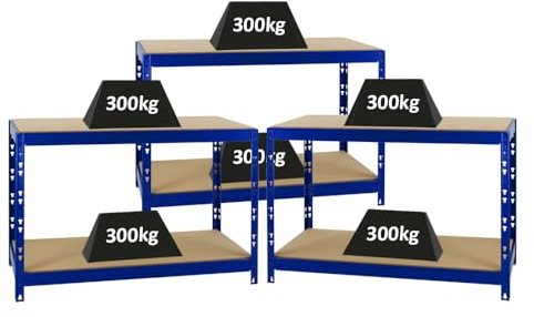 PROREGAL Mega Deal 3X Werkbank Tiger | 300 kg pro Fachboden | HxBxT 90x140x60cm | Blau | Höhenverstellbar Werktisch Arbeitstisch Steckmontage Packtisch