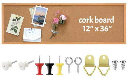 DoubleFill 12'' x 36'' Cork Bulletin Board Framed Large Wall Mounted Corkboard with Installation Kit, Push Pins for Home and Office Decor, School Message or Vision Background(Brown)