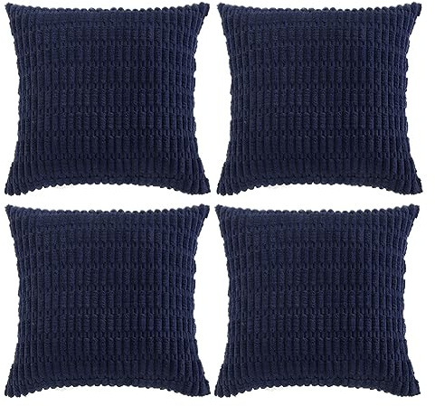 FDTERN 4er Set Boho Kissenbezug 50x50 cm Navy Blau Einfarbig Flauschig Kissenbezüge Kordsamt Kissenhülle Dekokissenbezug Sofakissen Dekokissen Deko für Sofa Schlafzimmer Wohnzimmer Balkon