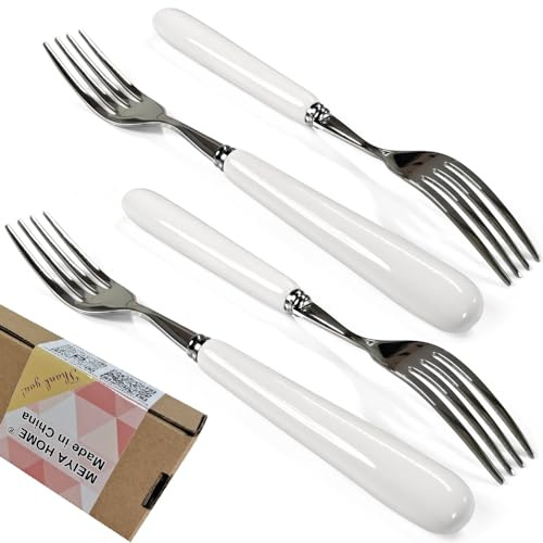 MEIYAHOME 8-Inch Fine Dinner Fork With White Ceramic Handle - 18/10 Stainless Steel Main Course Fork - 20.5cm 4-Tine Design for Steak (4 Pieces)