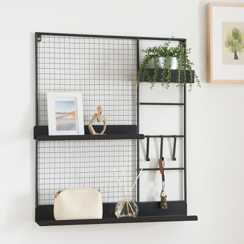 [en.casa] Panel de Rejilla Mural con 2 Estantes 3 Ganchos y 1 Caja Tablero recordatorio para Notas Listas de Tareas Fotos para Cocina Oficina Multifuncional Metal 70 x 60 x 11 cm - Negro