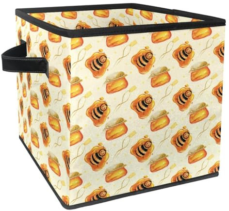 VAPOKF Boîte de rangement pliable en tissu cube avec poignées pour jouets, vêtements, livres, placard, chambre à coucher, maison – Jolie petite abeille dans un pot de miel