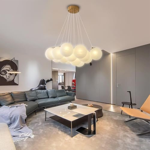LYSDjia Kronleuchter Mid-Century Nordic Large Globe Glas Bubble Ball Deckenlampe Form Pendelleuchte Goldsockel 13 Lichter Moderne dekorative Hängelampe für Wohnzimmer Esszimmer Schlafzimmer Eingangsin