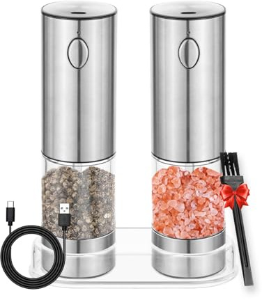 Juego de 2 molinillos de sal y pimienta eléctricos, mecanismo de cerámica ajustable sin niveles, de acero inoxidable, recargable por USB, con plato y pincel y ventana, iluminación LED