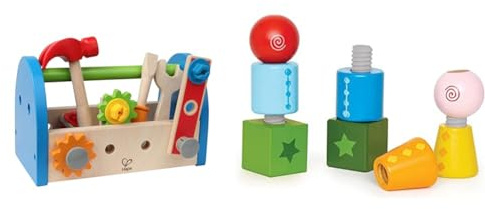 Hape Werkzeugkasten aus Holz mit Zubehör | farbenfrohe Werkbank Hammerspielset für Kinder, Problemlösung, Rollenspiel, 17-teilig & E0416 - Schraubklötze, M