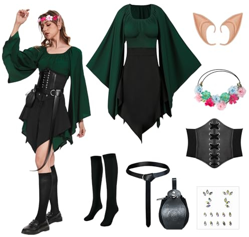 OPAEHJF 8PCS Robe médiévale pour femme - Robe traditionnelle irlandaise - Costume elfique à oreilles de la Renaissance - Costume d'Halloween victorien - Cosplay (Vert, XL)