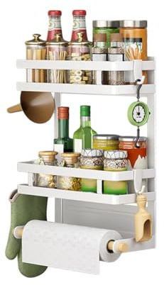 Heikoeco® Gewürzregal, Gewürz Organizer, Schrank Organizer, 1-2-stöckiges magnetische Gewürzregale mit Papierhandtuchhalter, Metall Küche Gewürz Organizer Regal für Kühlschrank (weiß 2 Stufe)