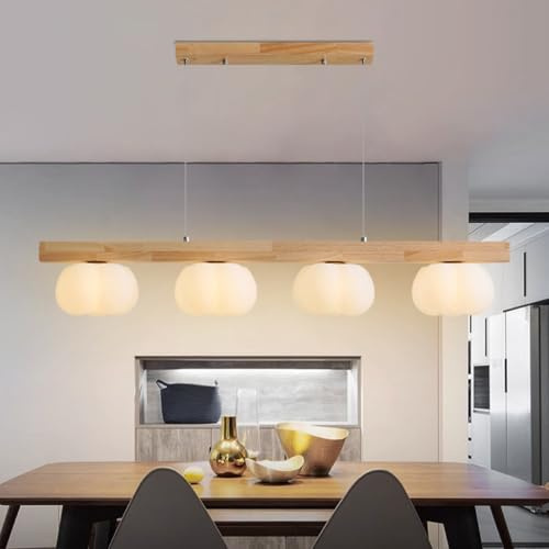 COOYO Moderner Holzkronleuchter Linear LED Pendelleuchte Eiche Lange Pendelleuchte Weiß Dekorativer Acrylschirm Höhenverstellbar Für Wohnzimmer Esszimmer Küche Schlafzimmer Arbeitszimmer(4 heads)
