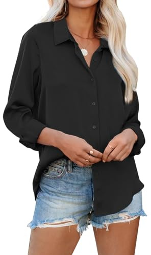 siliteelon Womens Button Down Shirts Solid Dress Shirts Long Sleeve Flowy Collared Work Office Business Blouses Chiffon Tops - Black L