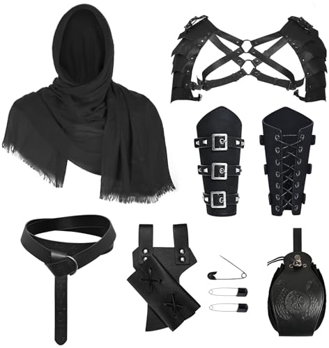 LLTTEER Mittelalter Ritter Zubehör Set Renaissance Leder Gürtel für Herren | Umhang Schal mit Kapuze,GüRtel,RetroLeder Schulterpanzer, Gürtelbeutel Schwertholster, ,Retro Ritter Zubehör Set für Cosplay