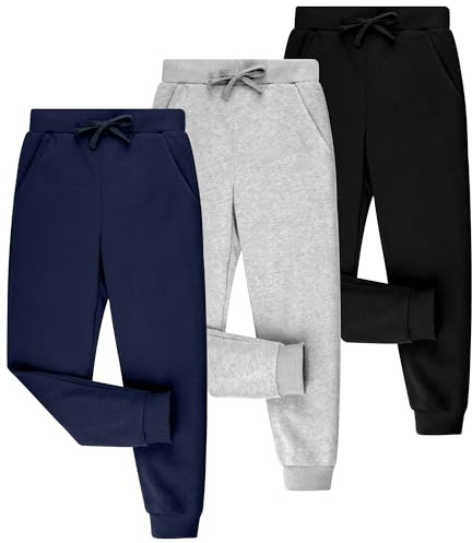 BIG ELEPHANT 3-pack joggingbyxor barn pojkar – sportbyxor pojkar långa av bomull med fickor och dragsko, bekväma byxor för pojkar, Svart/grå/mörkblå, 8-9 år