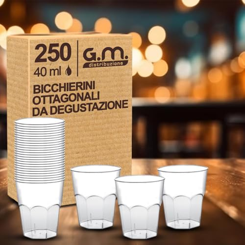 G.M. DISTRIBUZIONE 250 Bicchieri da Liquore, Shot in Plastica Rigida, Bicchierini Ottagonale da 40cc, tacca 3cl, Resistenti e Riutilizzabili. Bicchieri da Shottino Perfetti per le Feste