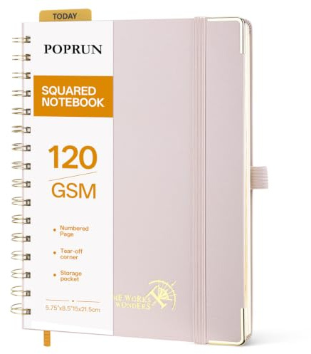 POPRUN Notizbuch A5 Kariert 120g/m² Notizblock Spiralbindung Hellrosa