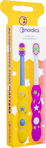 Lot de 2 brosses à dents écologiques pour bébé de 0 à 2 ans, avec 4 080 poils, taille Nordics (jaune/violet + rose/blanc)
