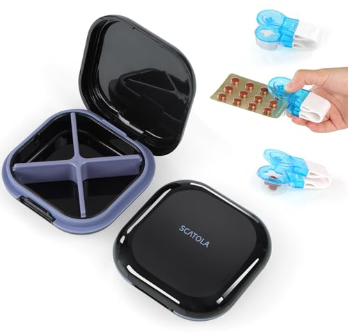 AOOWU Portapillole Giornaliero 4 Scomparti, con 1 pc Rimozione per Pillola, Portapillole da Viaggio Portatile, Mini Contenitore per Pillole Farmaci Organizzatore per Vitamine, Olio di Pesce, Pillole