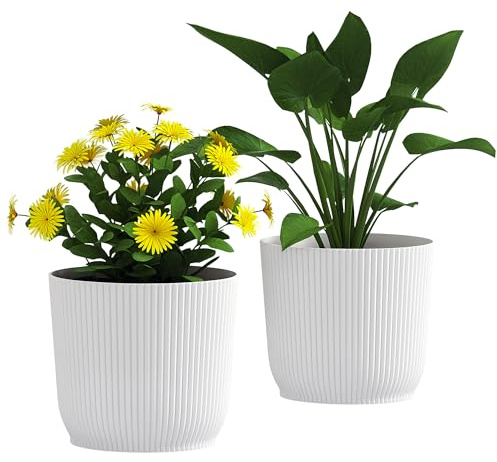 Outsunny Set of 2 Plant Pots Plastic Outdoor Garden Planters 22cm, White | Round, Flower Pots for Garden Decoration, Patios, Indoor, Home