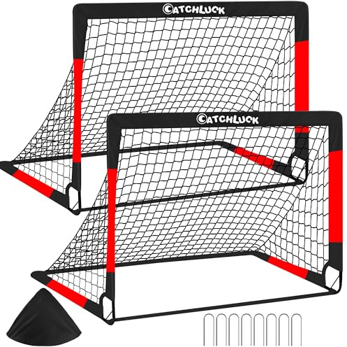 CATCHLUCK Fotbollsmål barn mål fotboll barn fotbollsmål set om 2 popup-fotbollsmål utomhus trädgård (Röd-120x90x90)