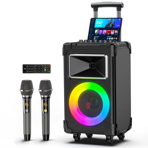 JYX AN20 Karaoke Machine with 2 Wireless Microphones, Bluetooth PA System with 10'' Subwoofer, Vocal Cut, Sound Effects, LED Lights, Treble/Bass Adjustment, Dark Black