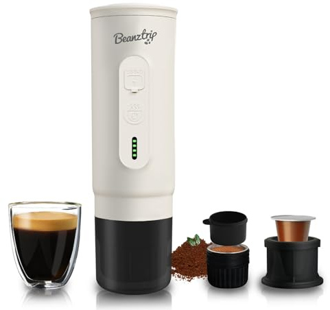 BeanzTrip Machine à expresso électrique portable, 20 bars pour camping, camping-car, mini auto-chauffante avec USB-C, convient pour le café moulu et les capsules NS, la randonnée, le bureau (blanc)