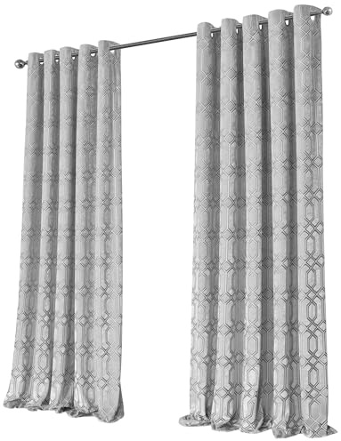 Olivia Rocco Luxe Geo Velvet Curtains Eyelet Curtain Pair Modern Geometric Pattern Soundproof Light Blocking Thermal Insulated Drapes for Bedroom Living Room, Grey 90x90