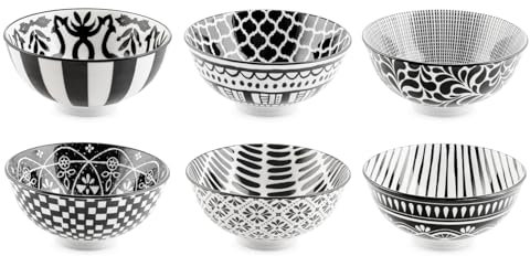 H&H, Set 6 ciotoline Mirage in Porcellana Decorata Bianco e Nero – Ø 10,5 cm – Lavabili in Lavastoviglie e Utilizzabili in Microonde e Forno Tradizionale