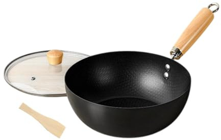 perfk Iron Wok Pan Nonstick with Wood Handle Cooking Pot with Lid Home Stir Fry Pan Chinese Wok, 18cm