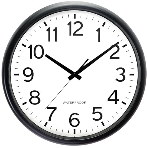 KIZLOC Orologio da giardino, impermeabile, da giardino, resistente alle intemperie, facile da leggere, silenzioso, funzionamento a batteria, per esterni, piscina, balcone, bagno (nero)