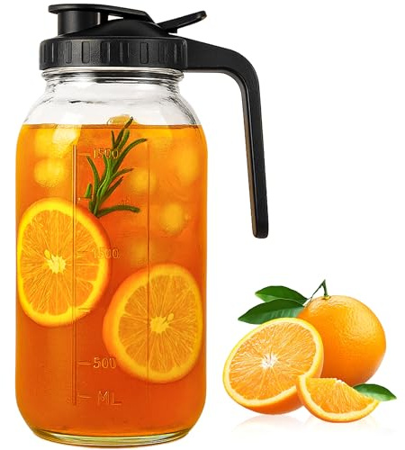 64oz Glass Mason Jar Pitcher with Lid, 2 Quart Wide Mouth Water Jug for Fridge Milk Ice Tea Cold Brew Coffee Fridge Water Juices Leak Proof