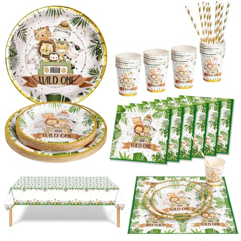 Nkaiso 161pcs Jungle Animaux Thème Party Vaisselle,Kit Vaisselles Enfants Anniversaire Assiette Dîner Papier Tasse Serviette, Party Fête Decoration -20 invités