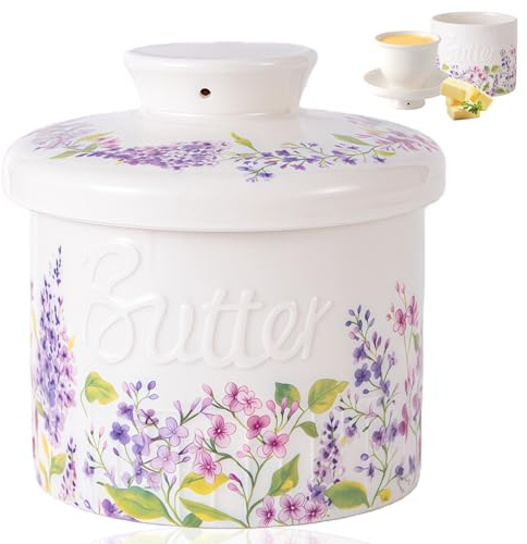 Butterglocke Keramik,Französische Butterdose Mit Wasserkühlung 150g,Butterdosen Mit Deckelf,Buttertopf Für Frische Und Streichfähige Butter,ButterdoseWasser (Flieder, 6.7oz)