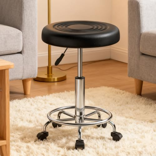Huracan Taburete con ruedas con ruedas, altura regulable, taburete giratorio de 360°, taburete ergonómico de trabajo de piel sintética, taburete de oficina, taburete de peluquería, taburete de masaje