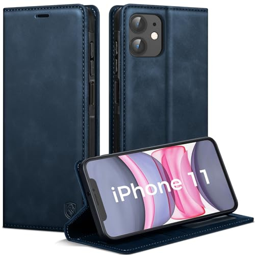 AIMOYU Handyhülle für iPhone 11 Hülle, Premium PU Leder Klapphülle Schutzhülle, Tasche Magnet Kartenfach Standfunktion Flip Case Hülle für iPhone 11, Blau