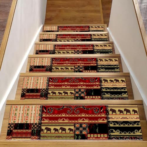 RODAILYCAY Alfombra antideslizante para peldaños de escalera, 15 unidades, diseño geométrico de elefante, para peldaños de madera en interiores, alfombras de paso de escalera con respaldo de TPE
