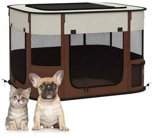 PawHut Box per Animali Domestici con 6 Finestre, 3 Porte e 2 Borse Portaoggetti, Recinto per Cani in Tessuto Oxford e Acciaio, 74x60x45 cm, Marrone