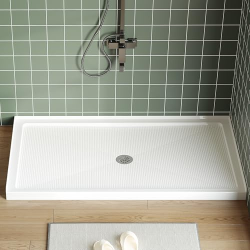 Acrylic Shower Base 60 x 32 inch Shower Pan, Anti-Slip PVC Floor with Offset Center Drain, Stainless Steel Round Cover & ABS Drain Kit, 3-Side Water Retaining Design