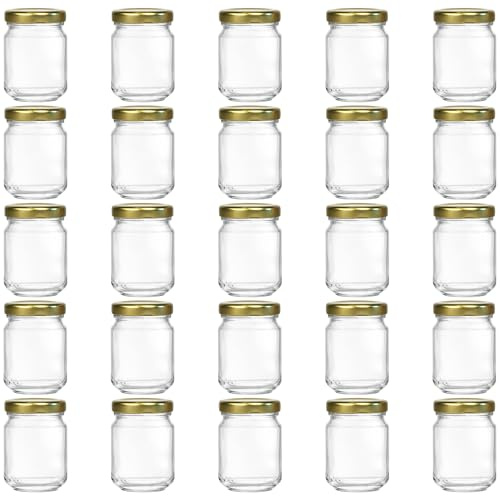 Vitrea 25x Mini Marmeladengläser 100 ml - mit Deckel Gold TO 48 - kleine Einmachgläser zum befüllen mit Schraubdeckel - Schraubgläser - leere Gläser für Marmelade - 25 Stück
