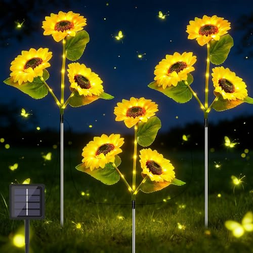 DAZZTIME Luces Solares de Girasol,3 Piezas Lámparas Solares para Exteriores,Luces Solares Girasol Impermeable,Girasoles Decoración de Jardín,Girasol Lámparas,para Césped,Patio,Patio,Camino