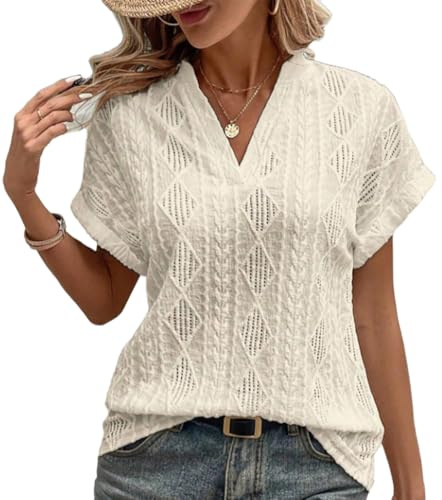 RUISHH T-Shirt Femme Chemisier Dentelle Crochet Chic et Élégant à Col en V Haut Manches Courtes Tunique