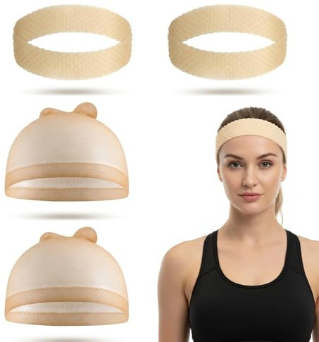 RhiVrillion Rete per Capelli - 2 Silicone Wig Grip Band + 2 Cuffie Parrucca Antiscivolo | Wig Cap, Retina Capelli, Calza Parrucca per le Donne
