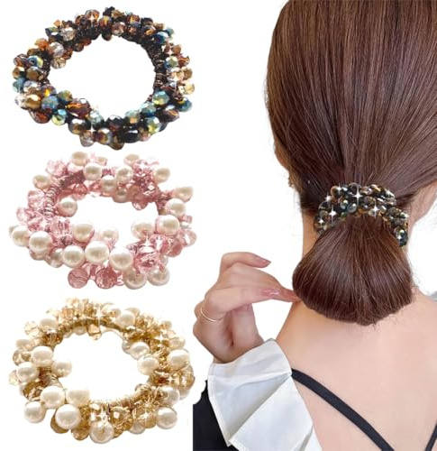 3 Piezas Gomas para el Cabello, Goma para el cabello de cristal, goma para el pelo con perlas, Muy Elásticas y Ultra Resistentes, Accesorios para el Cabello para Mujeres y Niñas