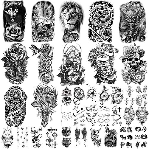 Yazhiji 36 Sheets Temporary Tattoos Stickers, 12 Sheets Fake Body Arm Chest Shoulder Tattoos for Men or Women with 24 Sheets Tiny Black Temporary Tattoos.