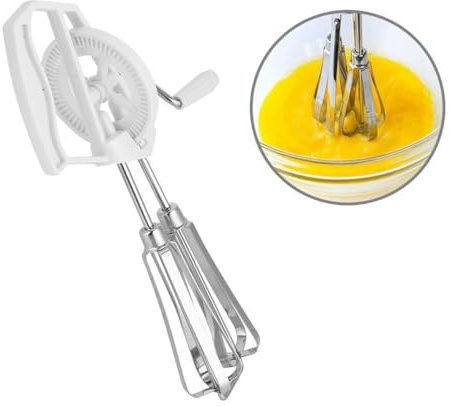VIFER Rotary Hand Whisk Stainless Steel Hand-Held Egg Beater Manual Rotary Kitchen Mixer Hand Push Whisk Blender for Whisking Beating Stirring, White